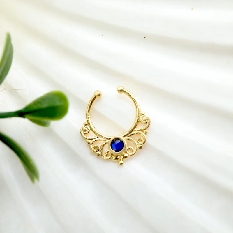 Jadau Kundan Single Blue Dot Septum Ring